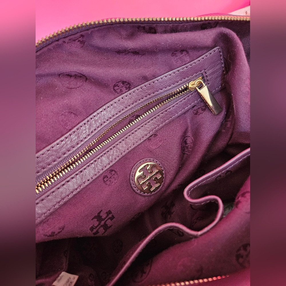 Tory Burch 'Natalie' Satchel Leather & Suede Purple Tote Large - Picture 5 of 8